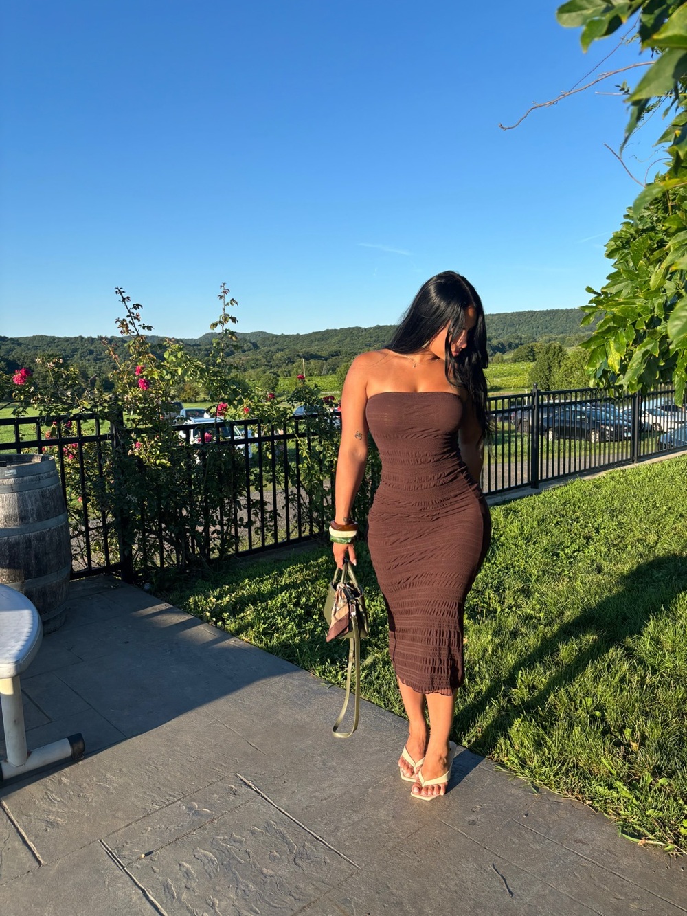 Strapless Brown Ribbed Midi Dress - Classic Women's Dress